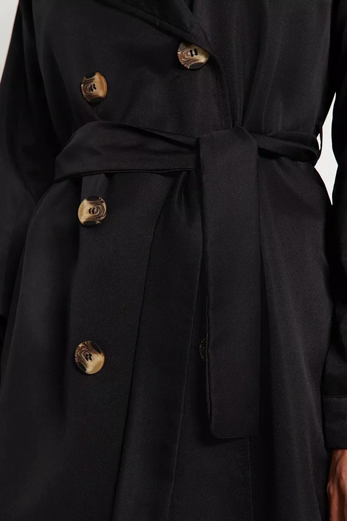 Black Double Breasted Trench Coat, BLACK, large image number 4