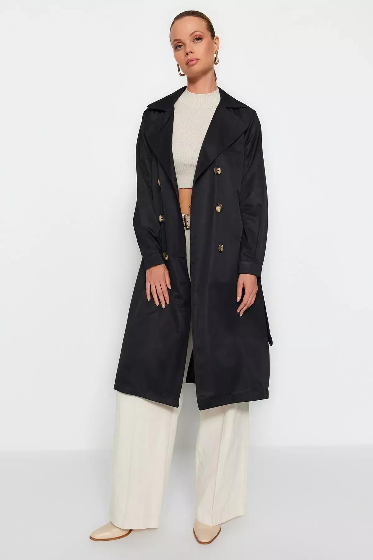 Black Double Breasted Trench Coat, BLACK, large image number 6