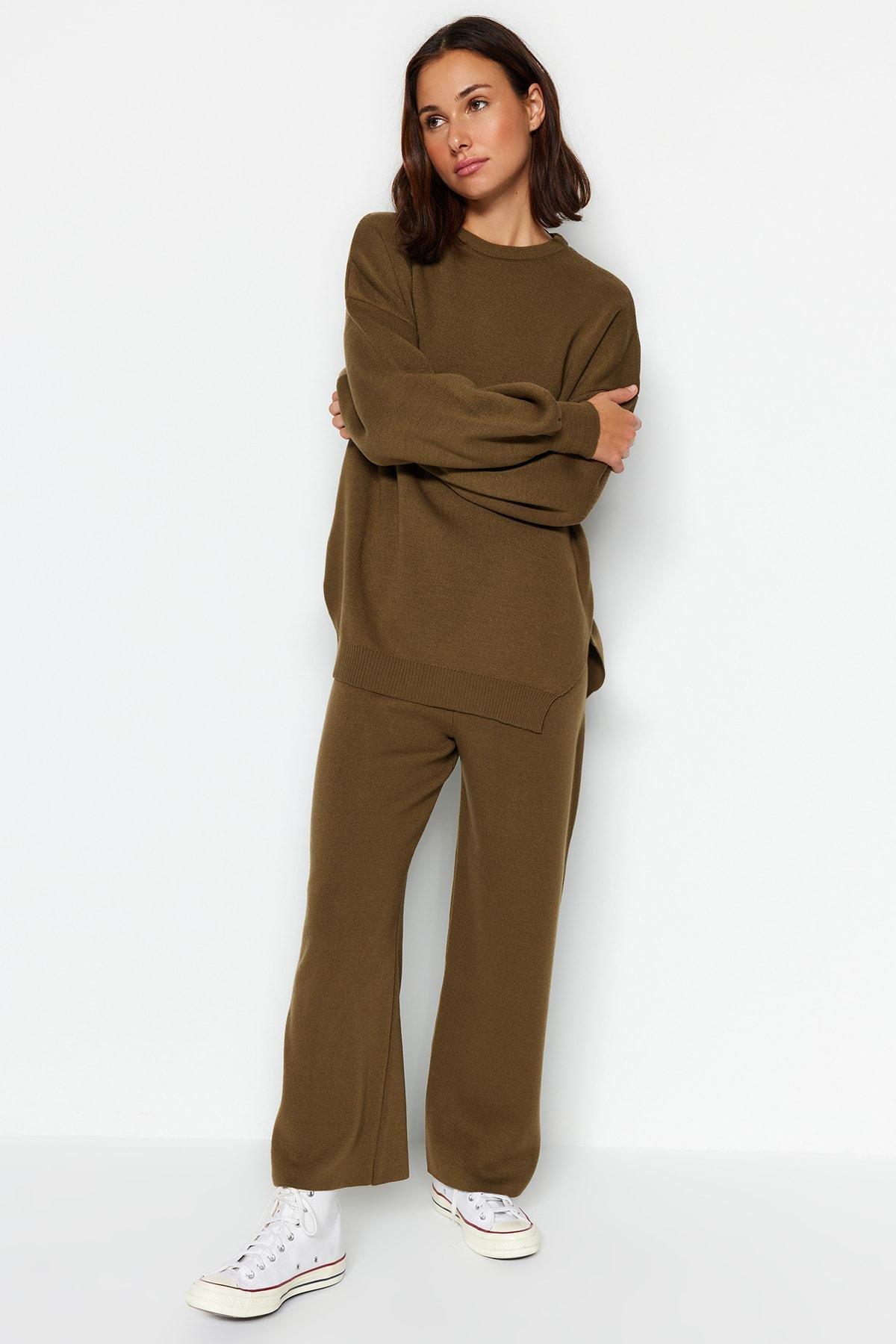 Khaki Balloon Sleeves Knitted Co-Ord Set, , large image number 0