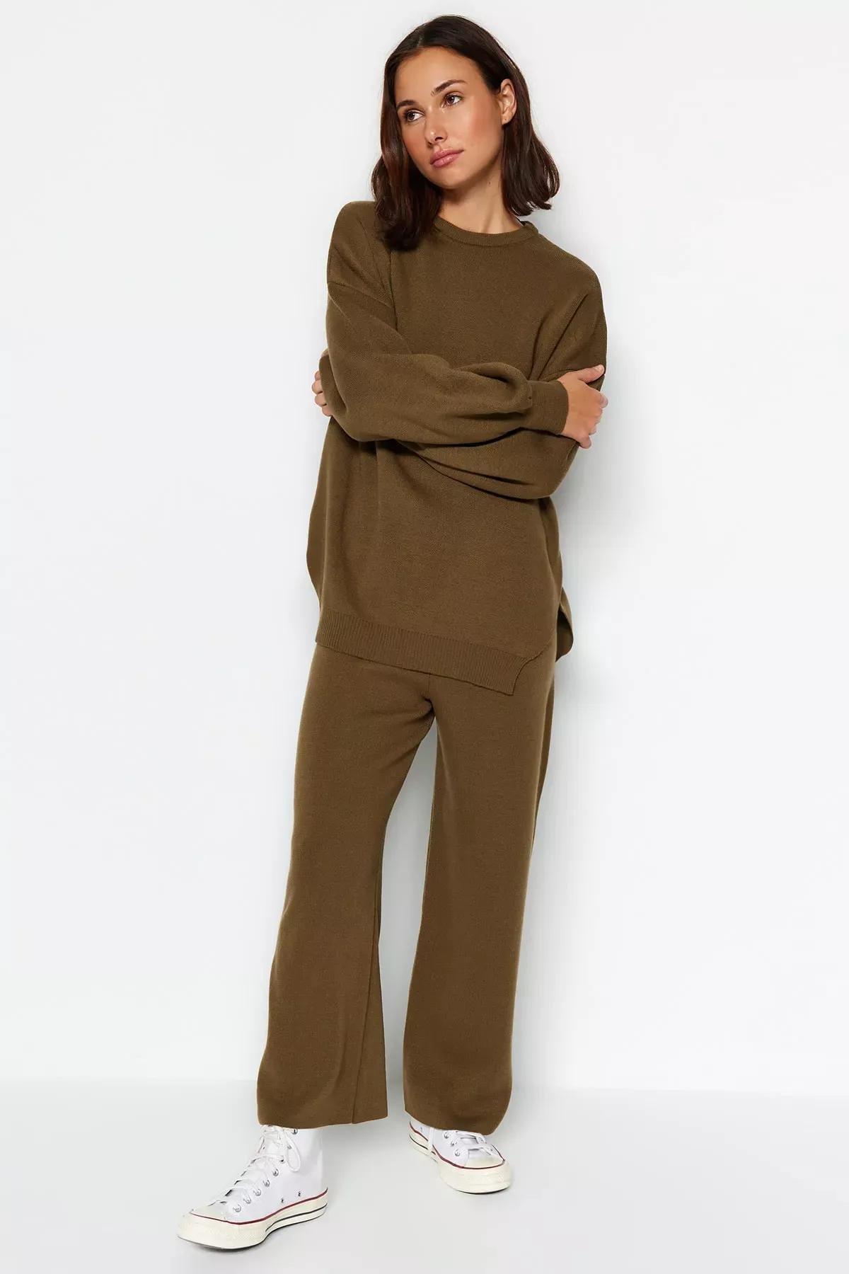 Khaki Balloon Sleeves Knitted Co-Ord Set, Khaki, medium