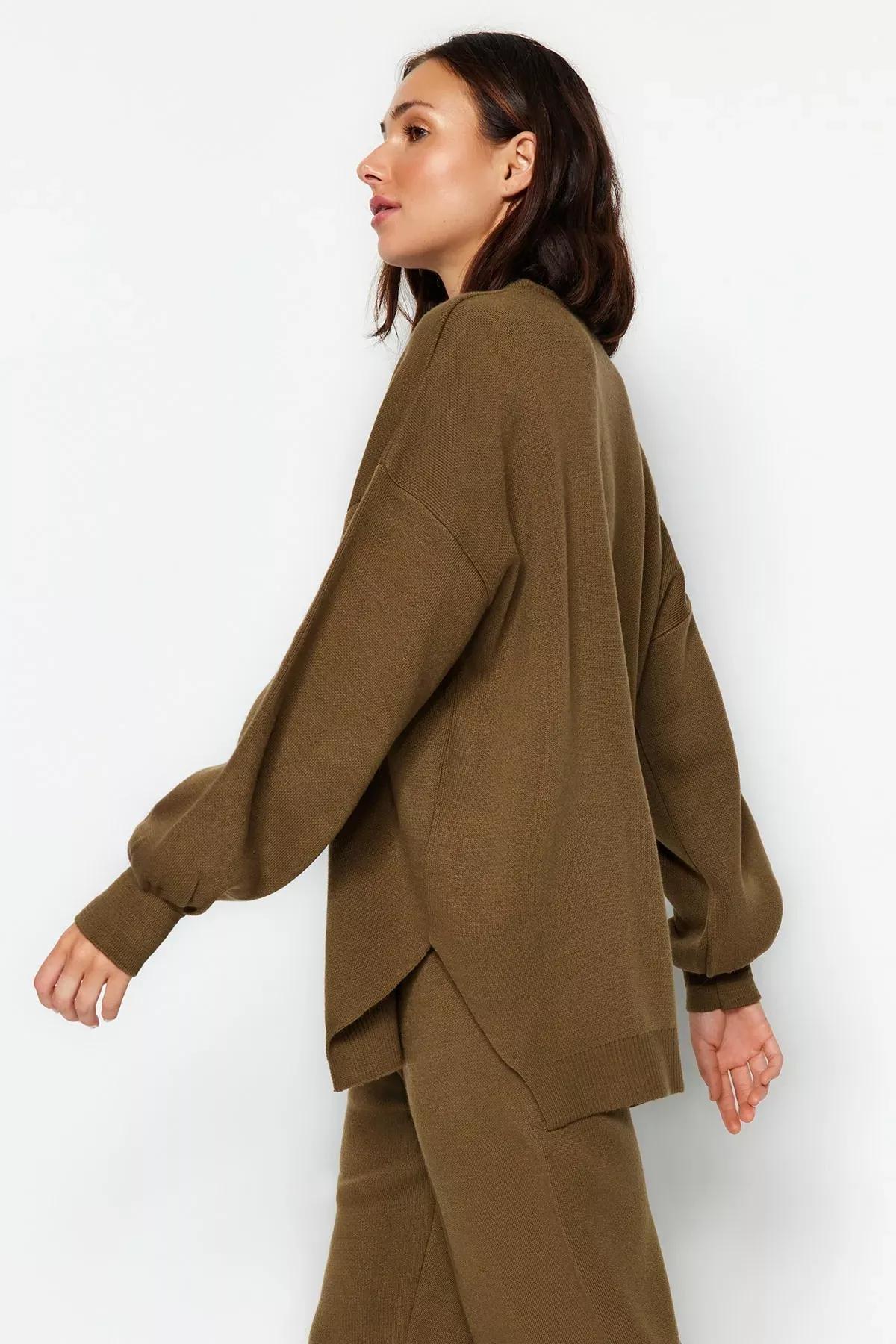 Khaki Balloon Sleeves Knitted Co-Ord Set, Khaki, medium