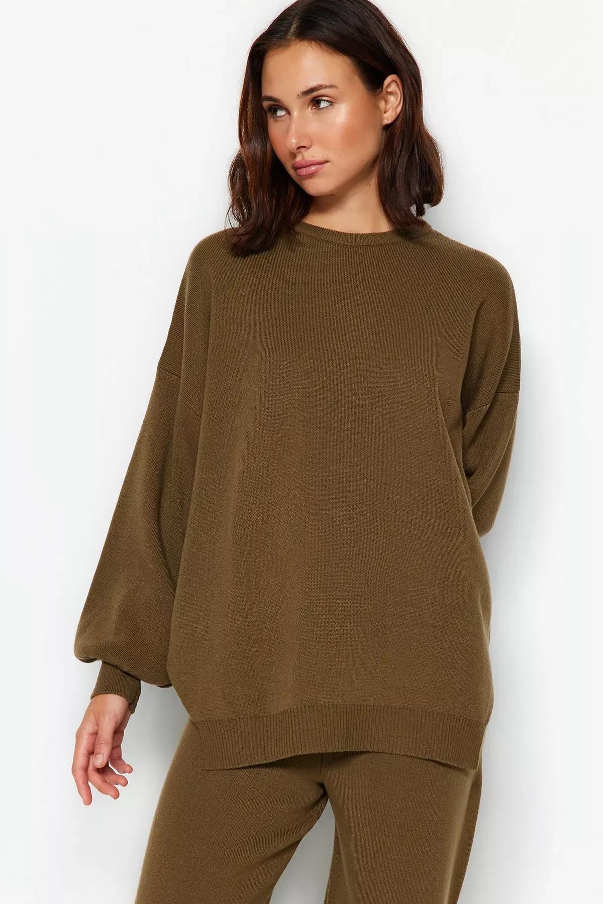 Khaki Balloon Sleeves Knitted Co-Ord Set, Khaki, medium