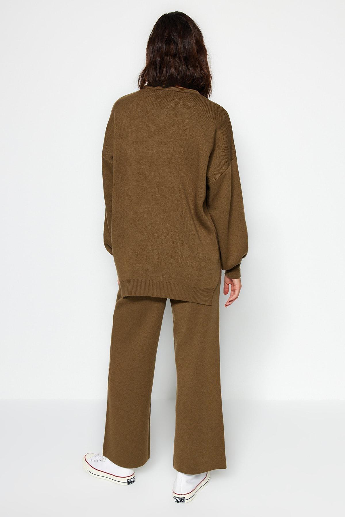 Khaki Balloon Sleeves Knitted Co-Ord Set, , large image number 5