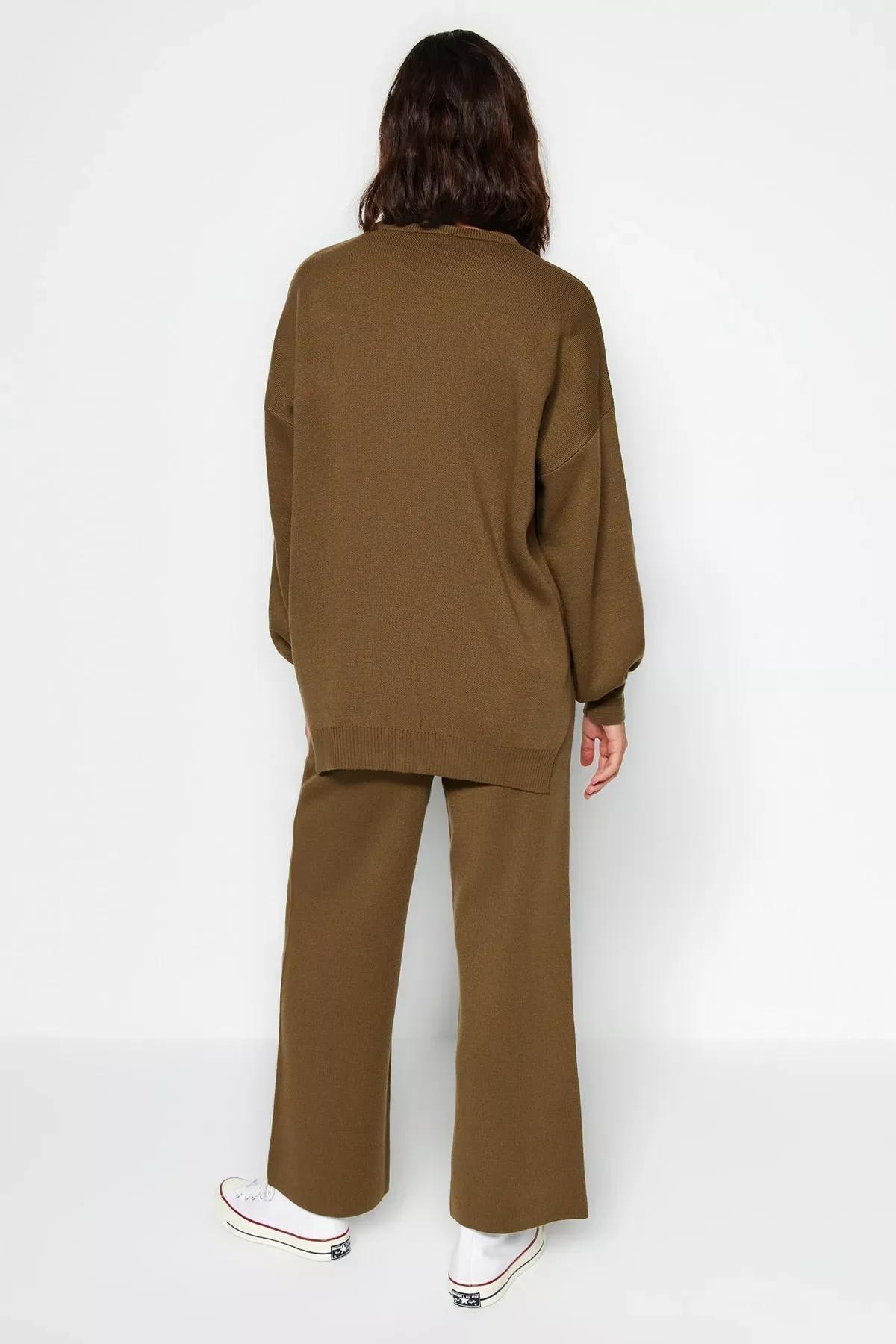 Khaki Balloon Sleeves Knitted Co-Ord Set, Khaki, large image number 5