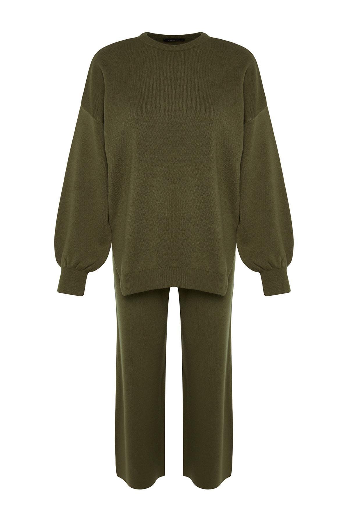 Khaki Balloon Sleeves Knitted Co-Ord Set, , large image number 6