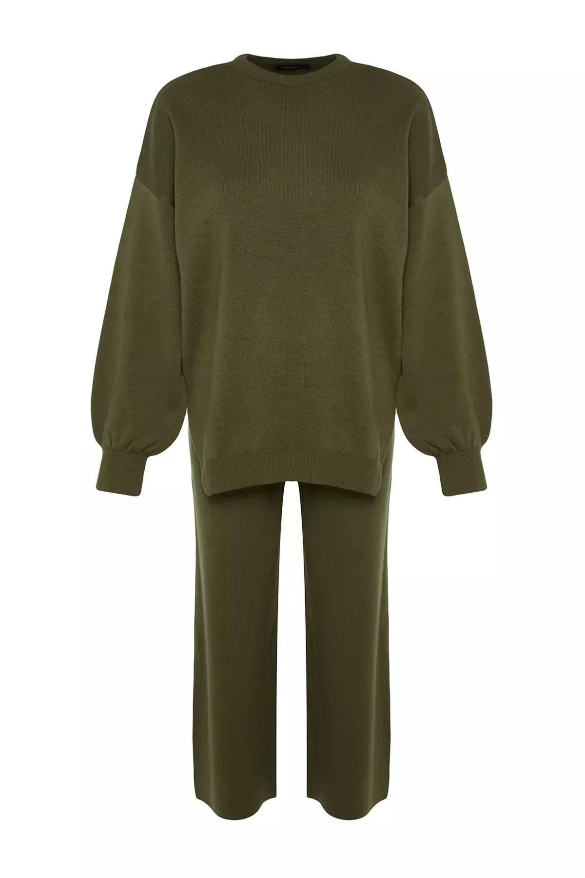 Khaki Balloon Sleeves Knitted Co-Ord Set, Khaki, large image number 6