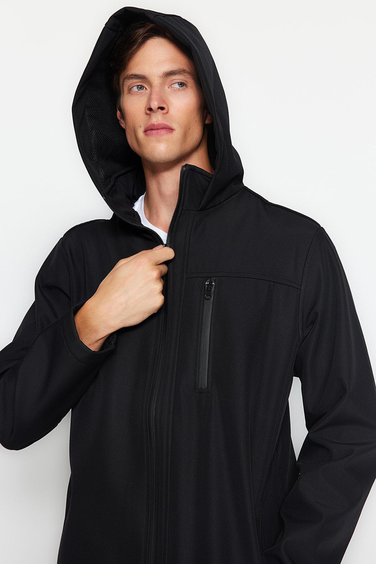 Black Hooded Outdoor Softshell Parka Coat, , large image number 0