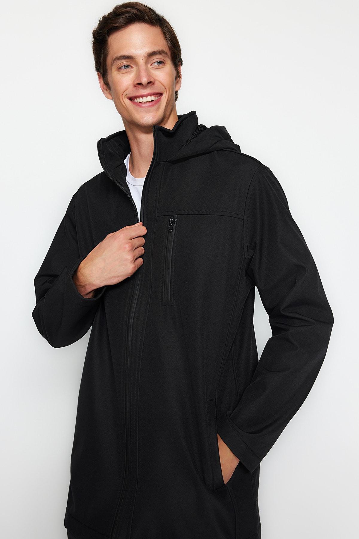 Black Hooded Outdoor Softshell Parka Coat, , large image number 1
