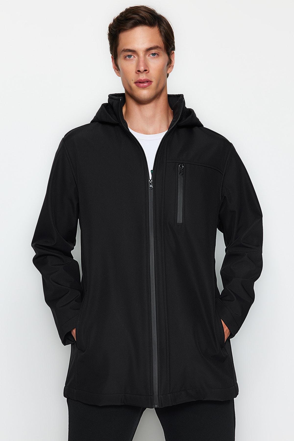 Black Hooded Outdoor Softshell Parka Coat, , large image number 3