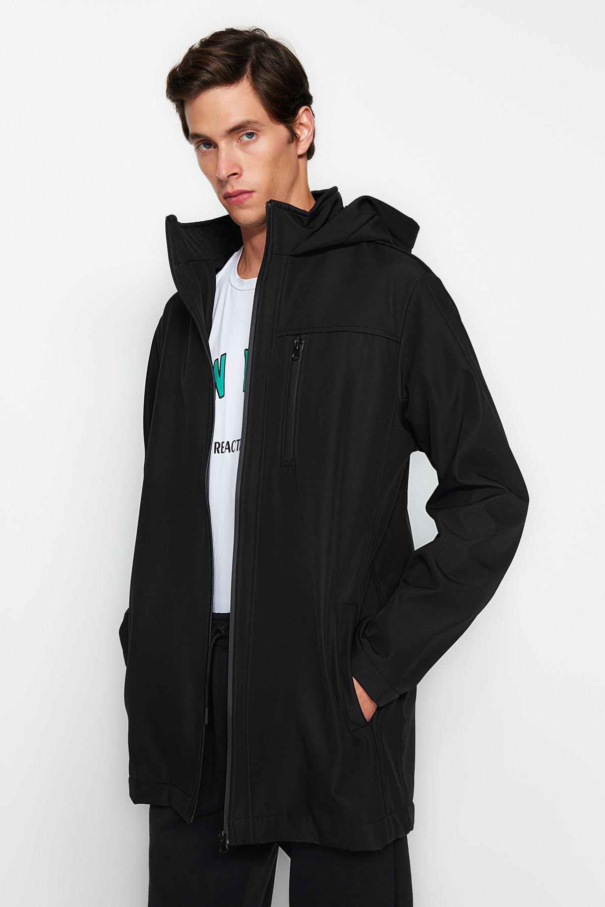 Black Hooded Outdoor Softshell Parka Coat, , large image number 5