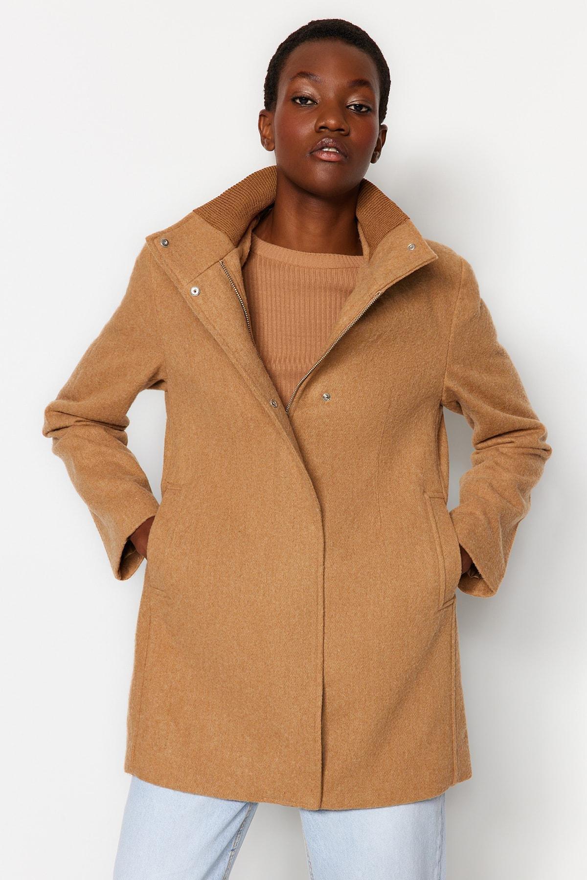 Beige Ribbed Collar Detail Woolen Cachet Coat, CAMEL, large image number 0