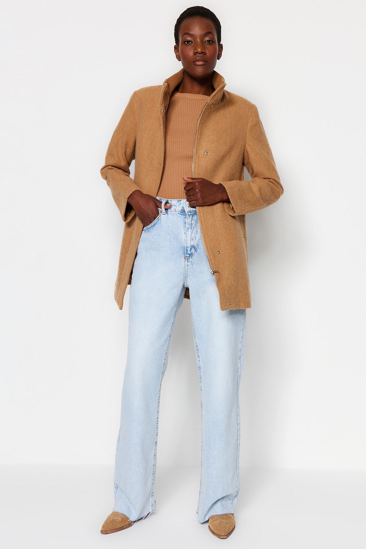 Beige Ribbed Collar Detail Woolen Cachet Coat, CAMEL, large image number 1