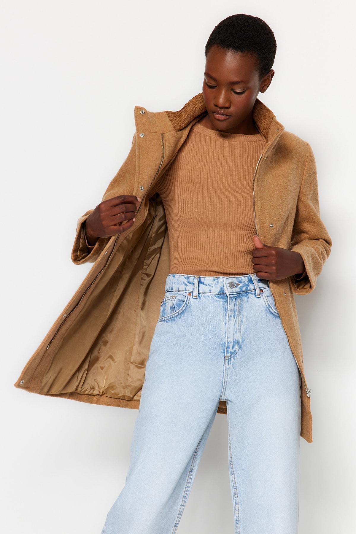 Beige Ribbed Collar Detail Woolen Cachet Coat, CAMEL, large image number 2