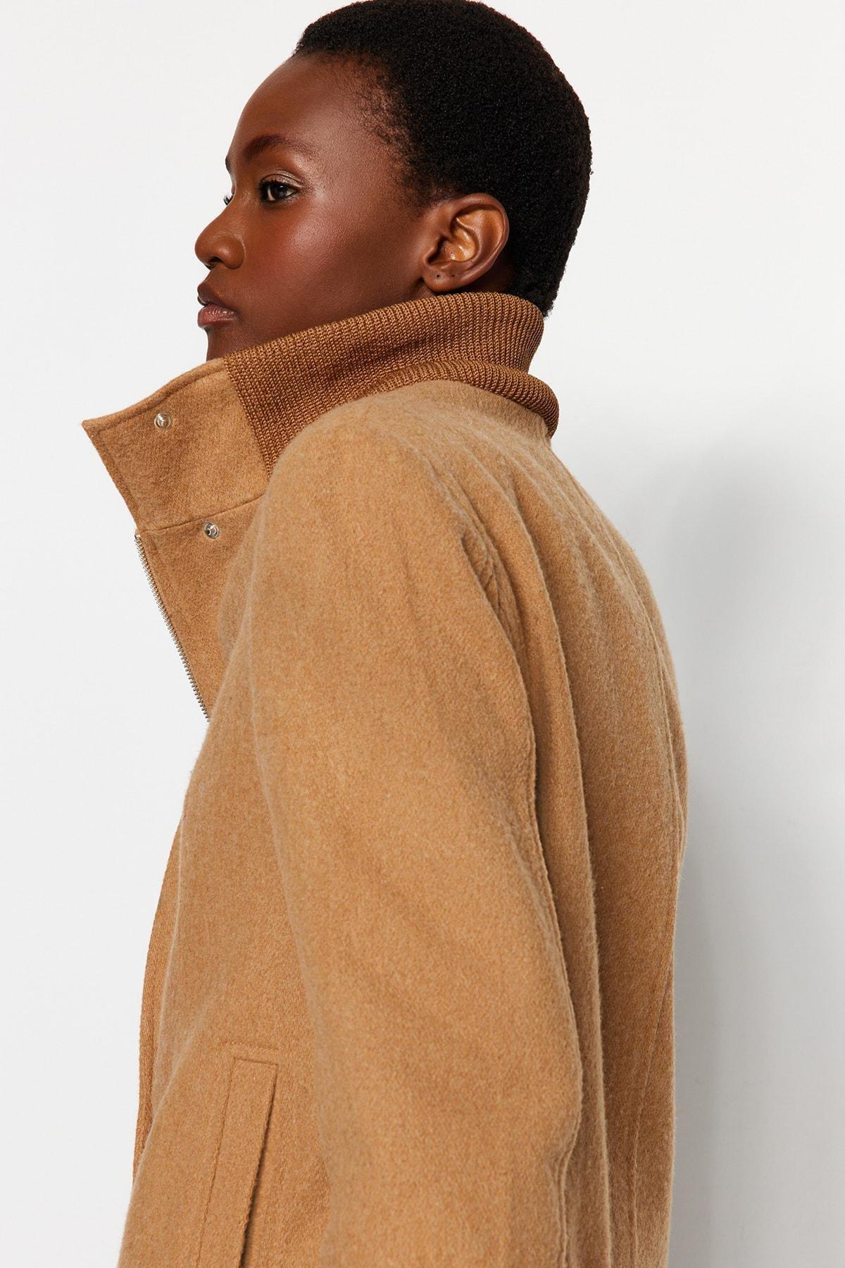 Beige Ribbed Collar Detail Woolen Cachet Coat, CAMEL, large image number 3