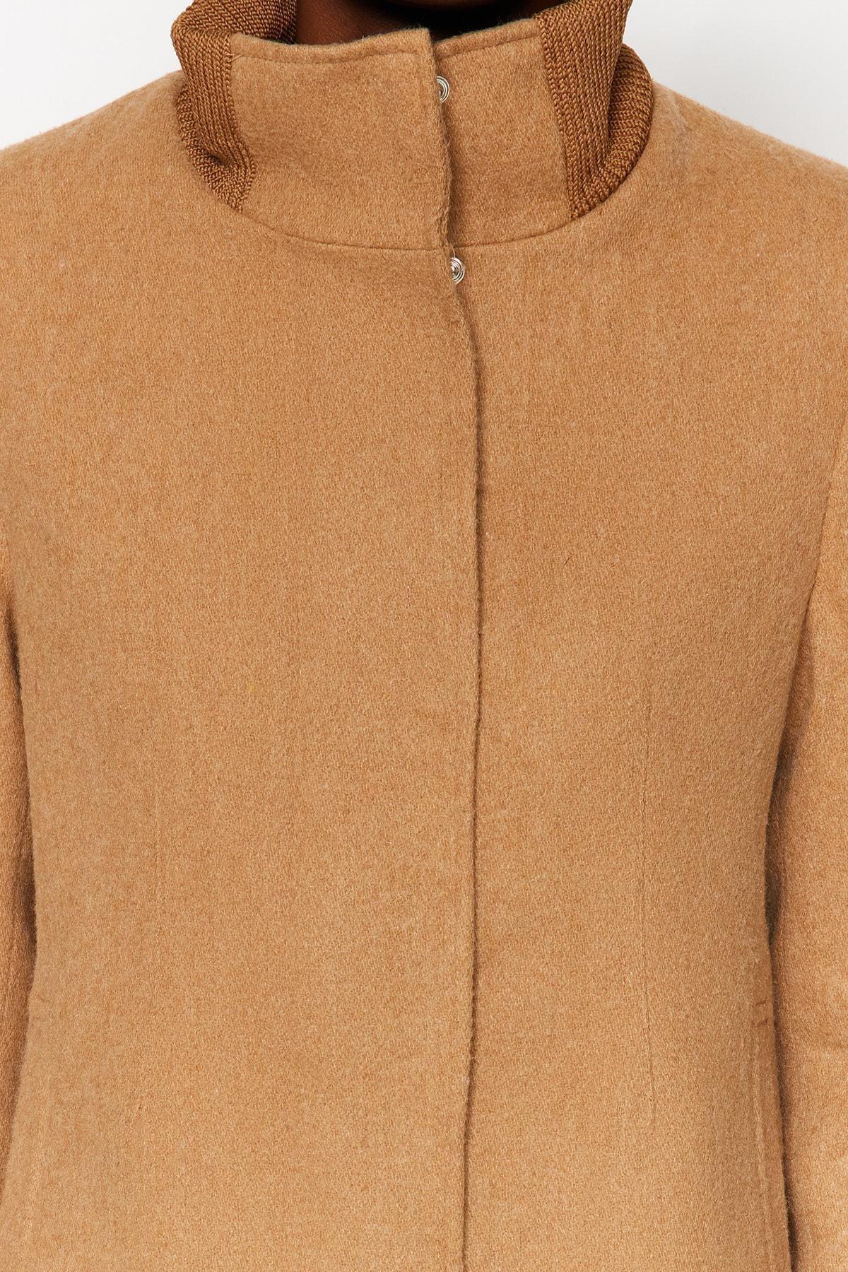 Beige Ribbed Collar Detail Woolen Cachet Coat, CAMEL, large image number 4