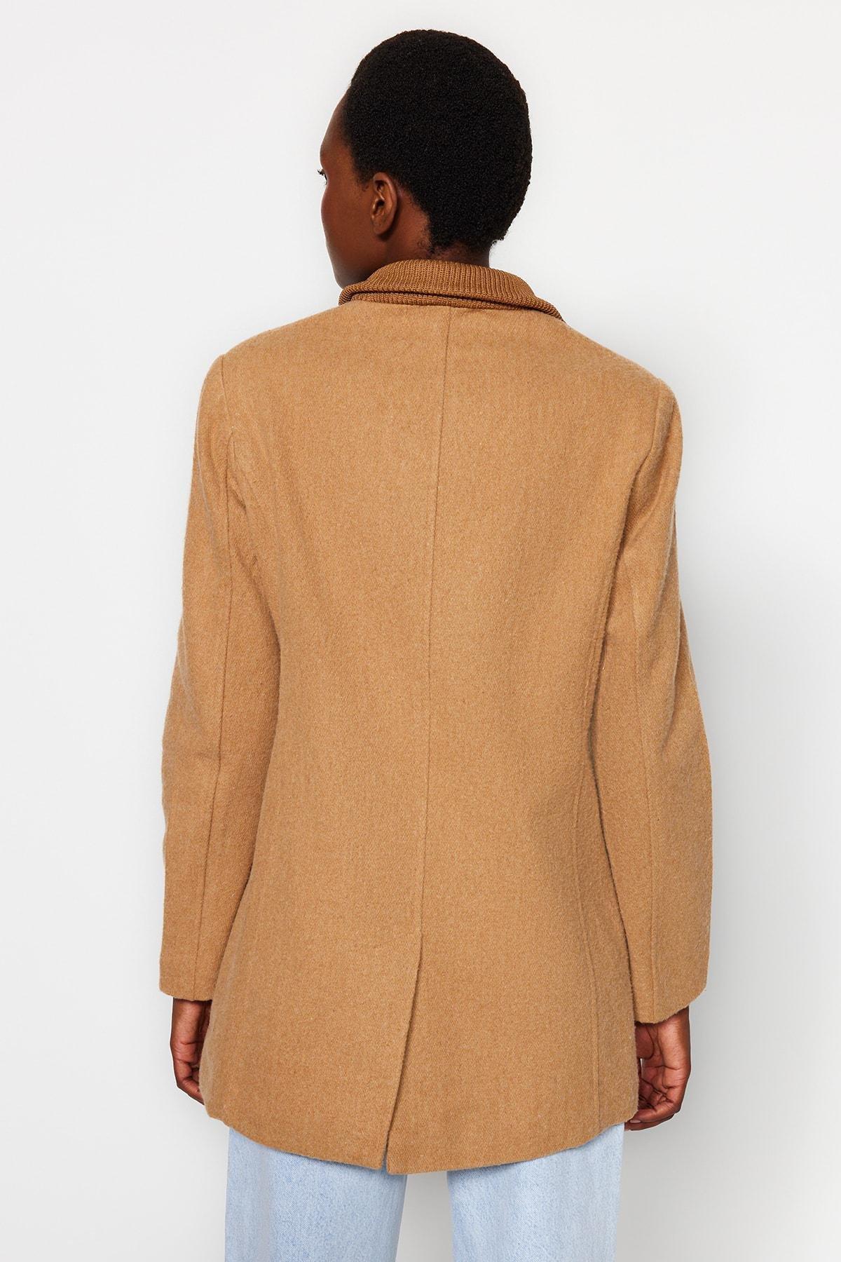 Beige Ribbed Collar Detail Woolen Cachet Coat, CAMEL, large image number 5
