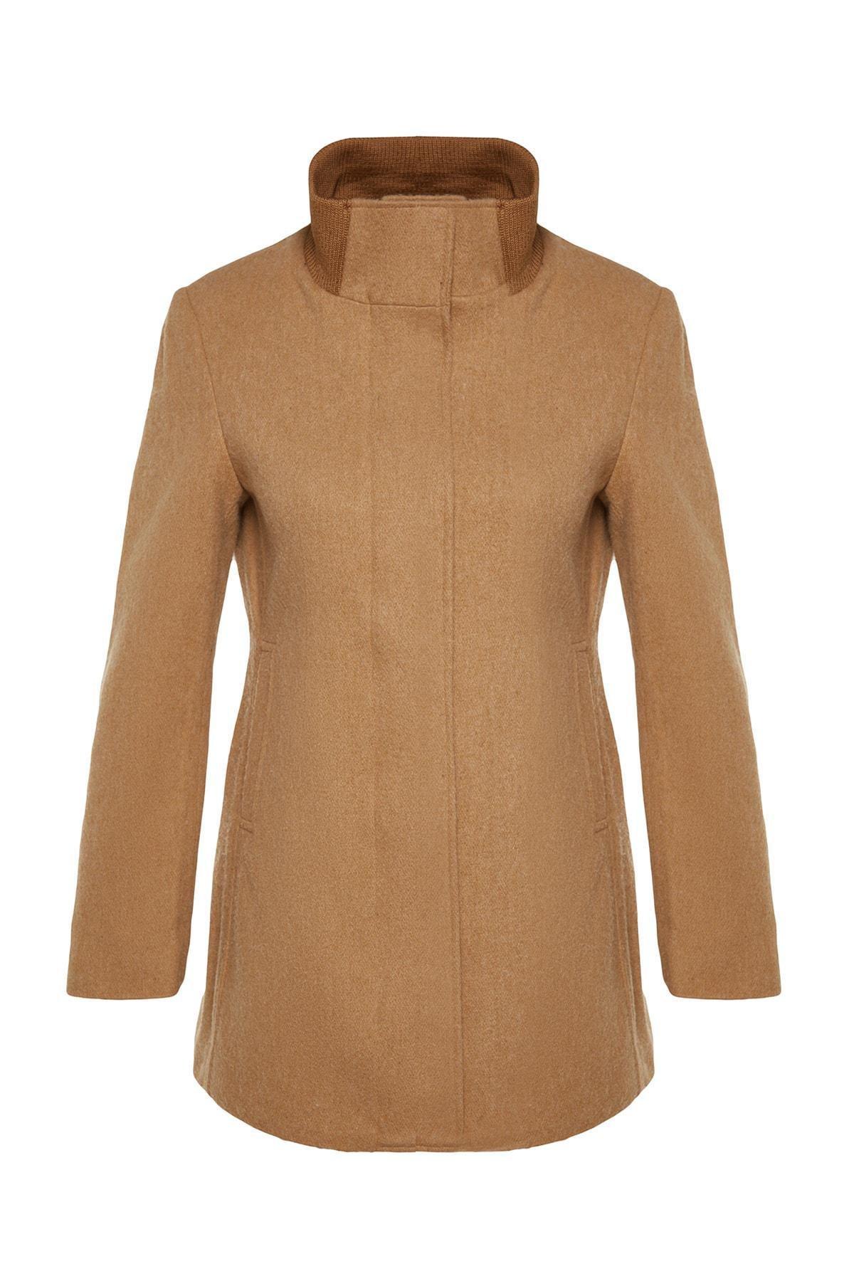 Beige Ribbed Collar Detail Woolen Cachet Coat, CAMEL, large image number 6