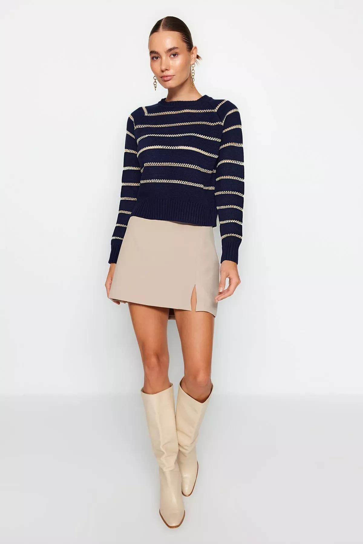 Navy Striped Knitwear Sweater, Navy blue, medium