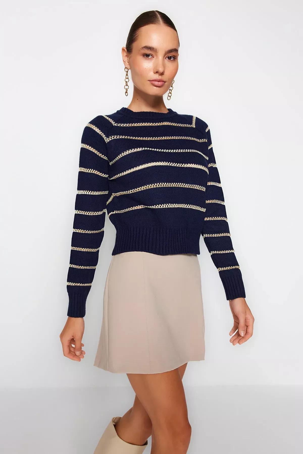 Navy Striped Knitwear Sweater, Navy blue, medium