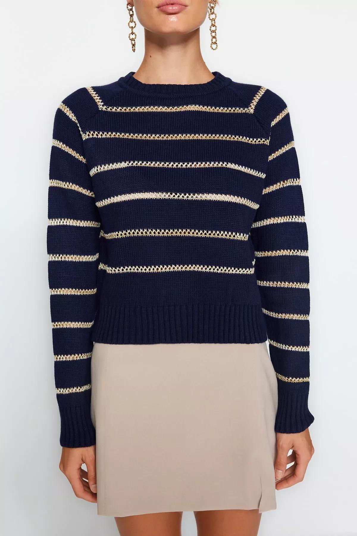 Navy Striped Knitwear Sweater, Navy blue, large image number 3
