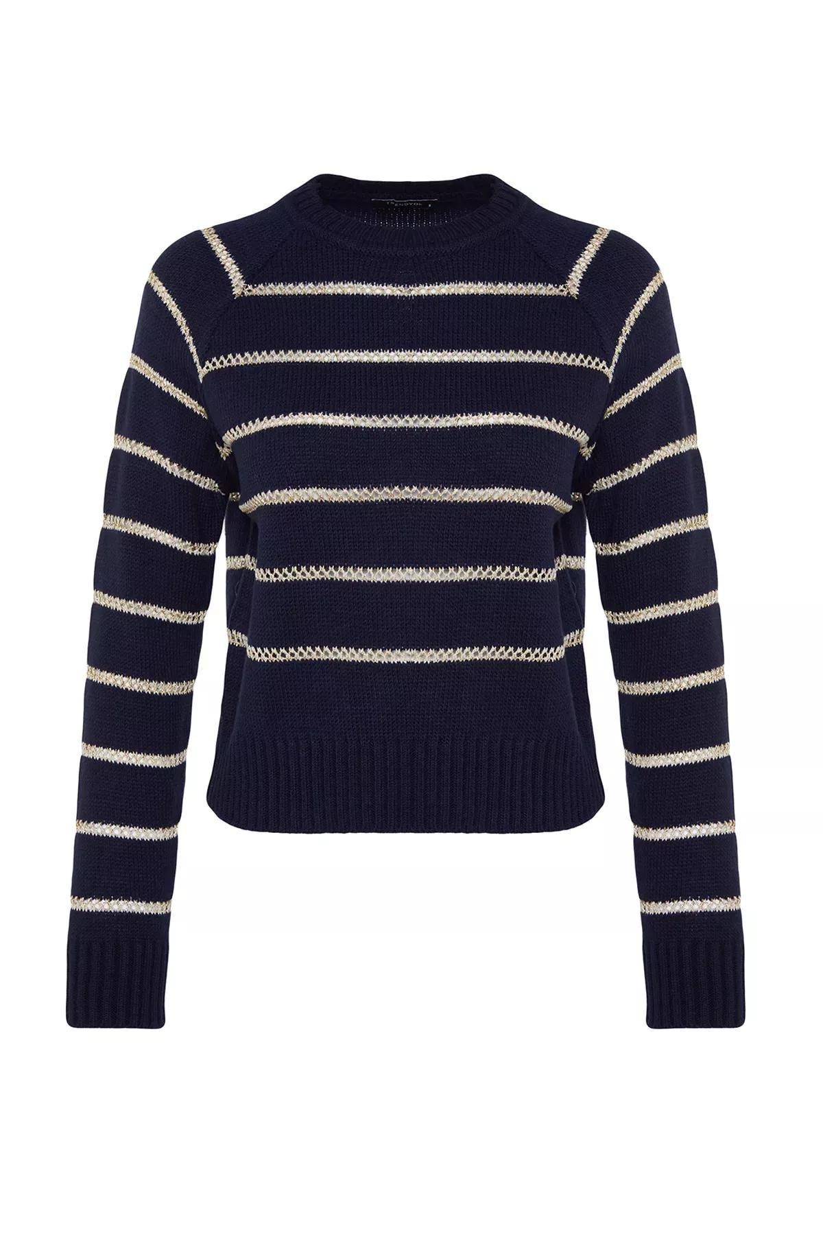 Navy Striped Knitwear Sweater, Navy blue, large image number 5