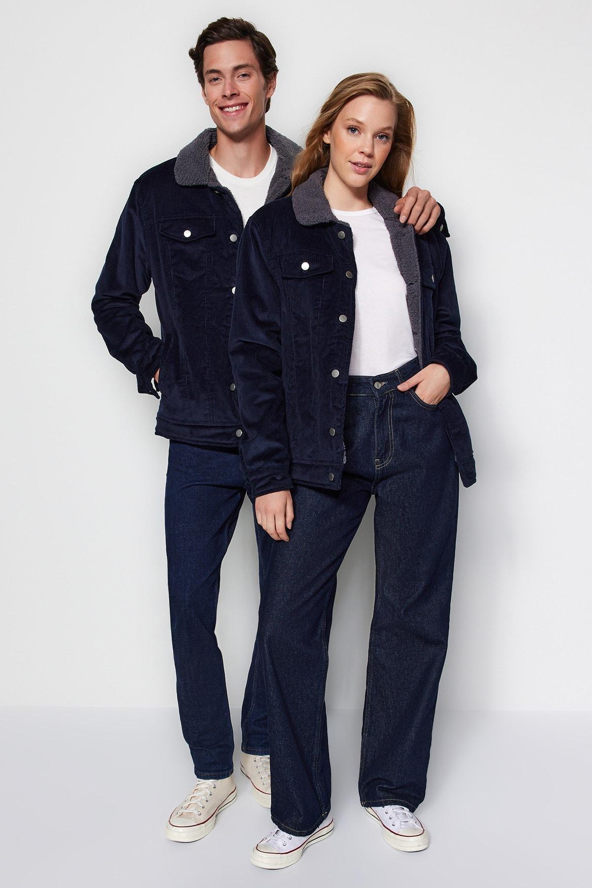 Navy Plush Velvet Winter Coat, Unisex, , large image number 0