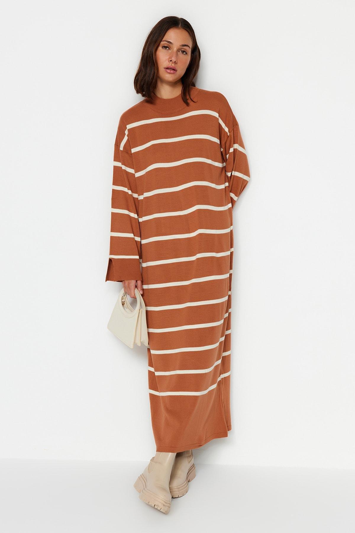 Brown Striped Knitwear Dress, , large image number 0