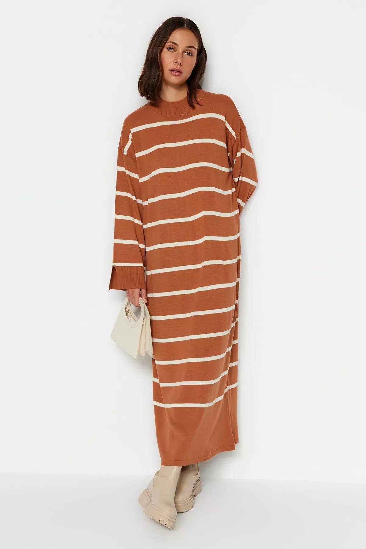 Brown Striped Knitwear Dress, Light brown, medium