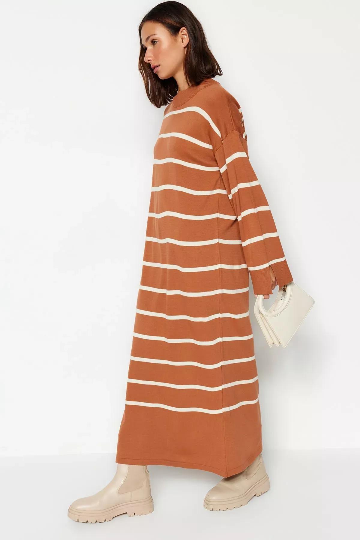 Brown Striped Knitwear Dress, Light brown, medium