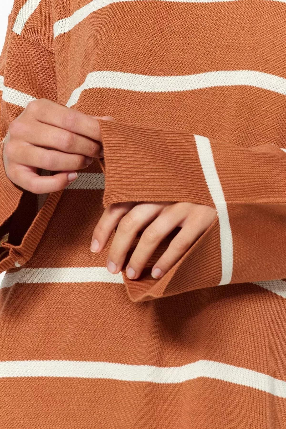 Brown Striped Knitwear Dress, Light brown, medium