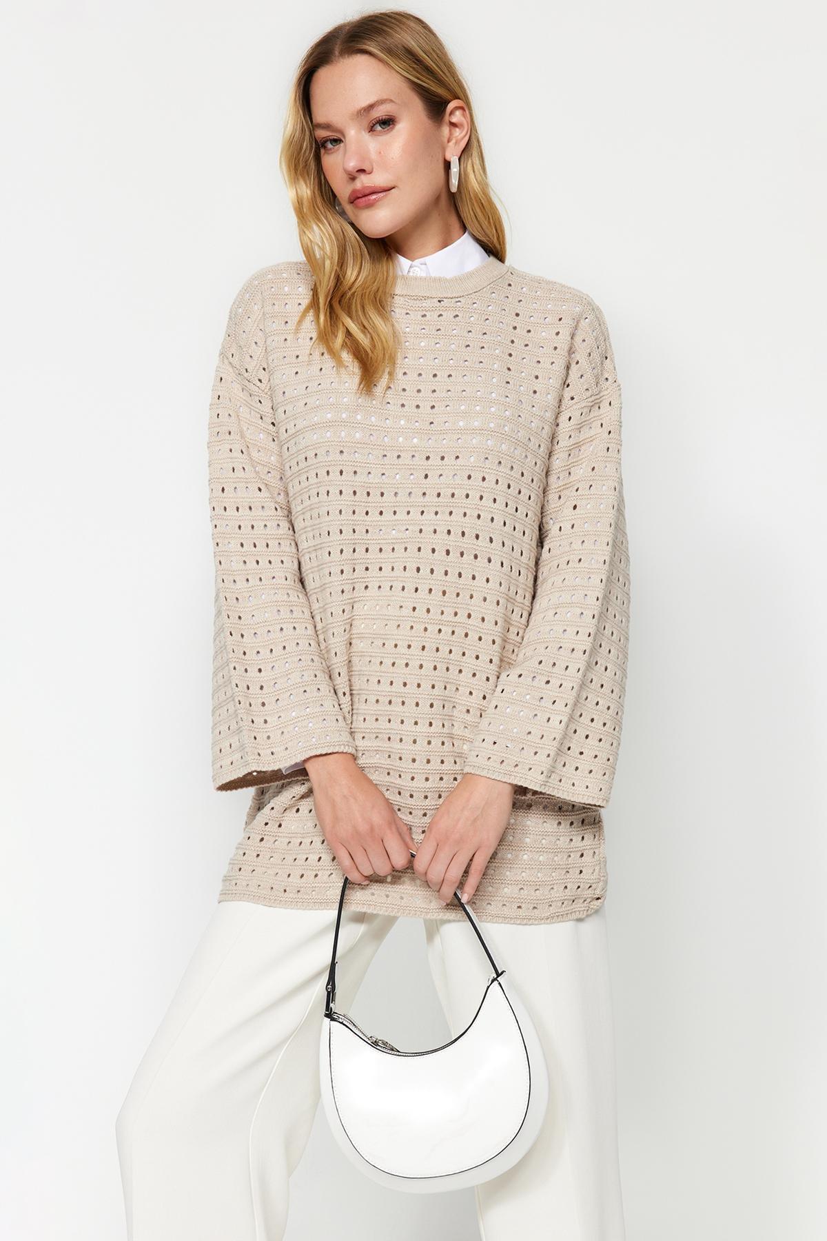 Beige Relaxed Openwork Knitted Sweater, , medium