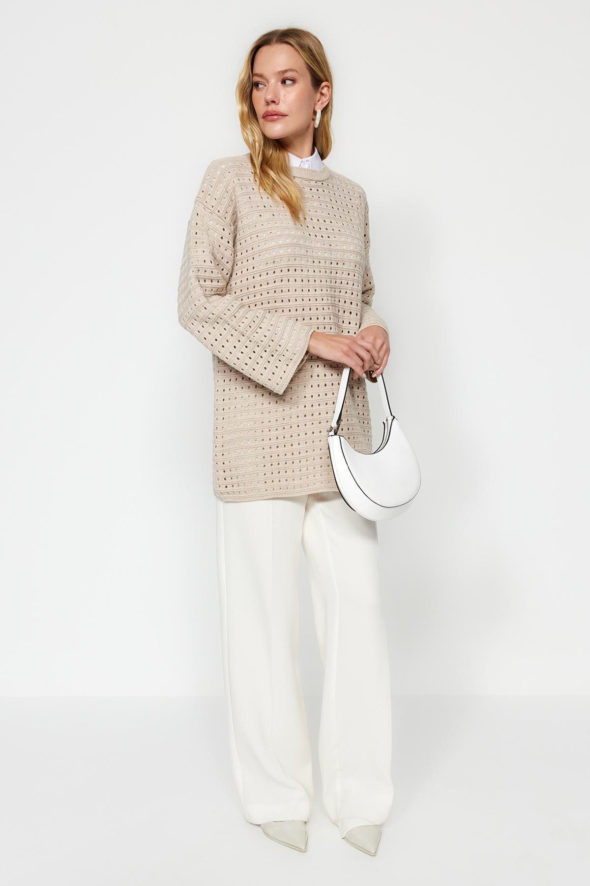 Beige Relaxed Openwork Knitted Sweater, , large image number 1