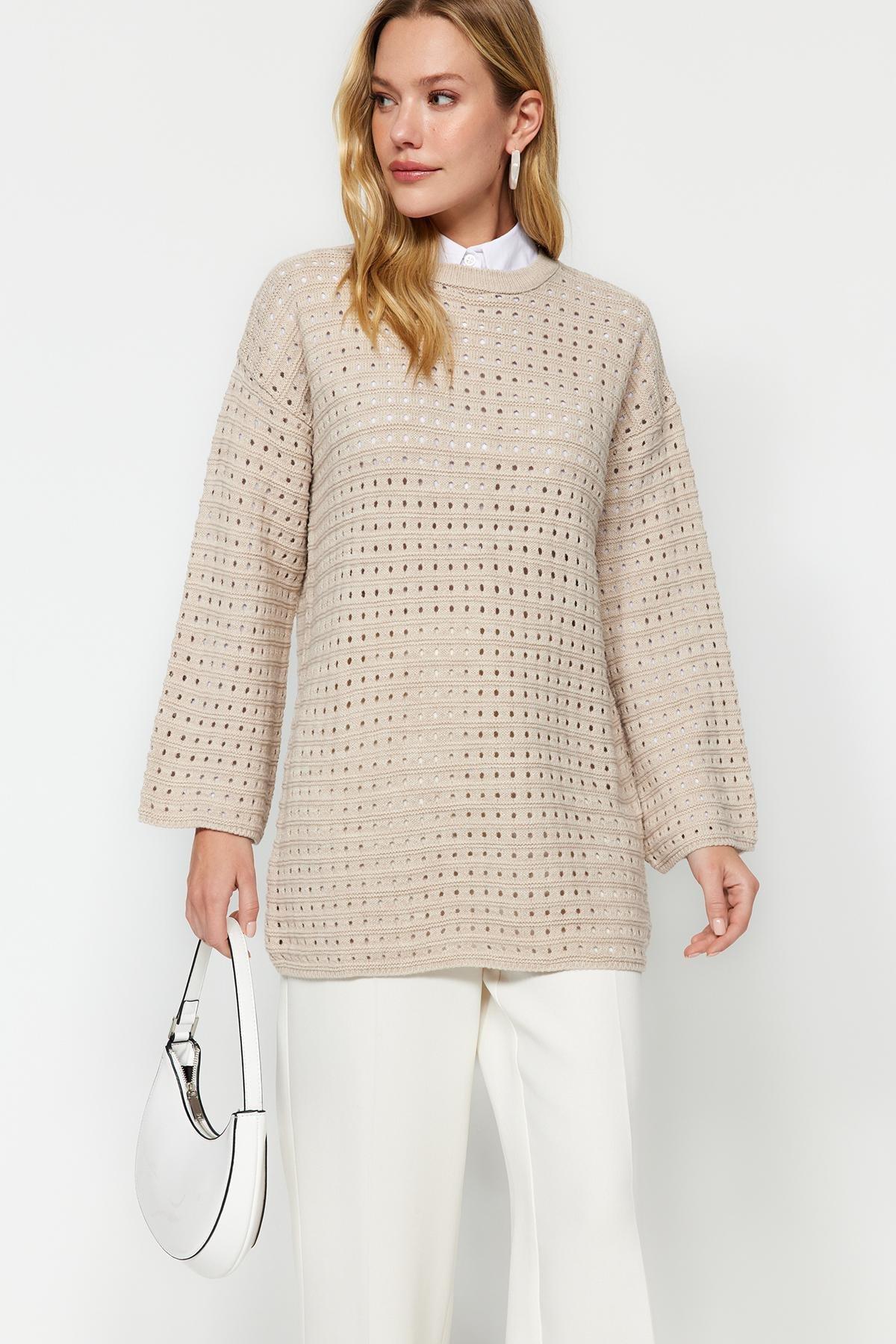 Beige Relaxed Openwork Knitted Sweater, , large image number 2