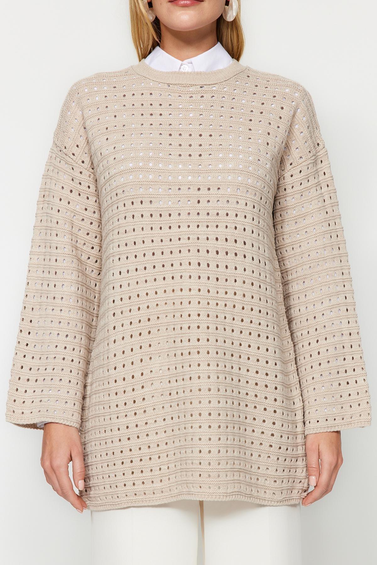 Beige Relaxed Openwork Knitted Sweater, , large image number 4