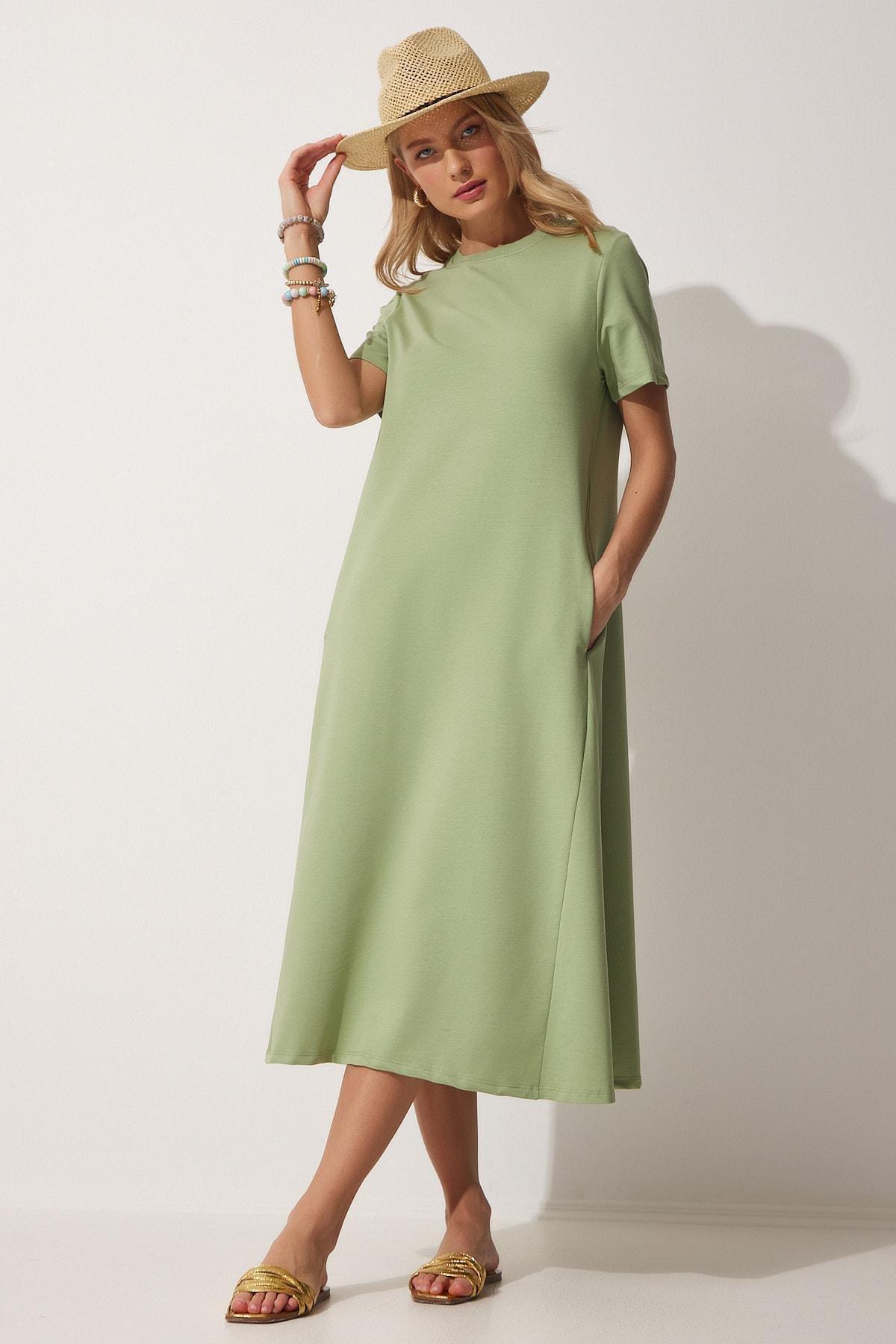 Green Crew Neck A-Line Dress, CAGLA GREEN, large image number 0