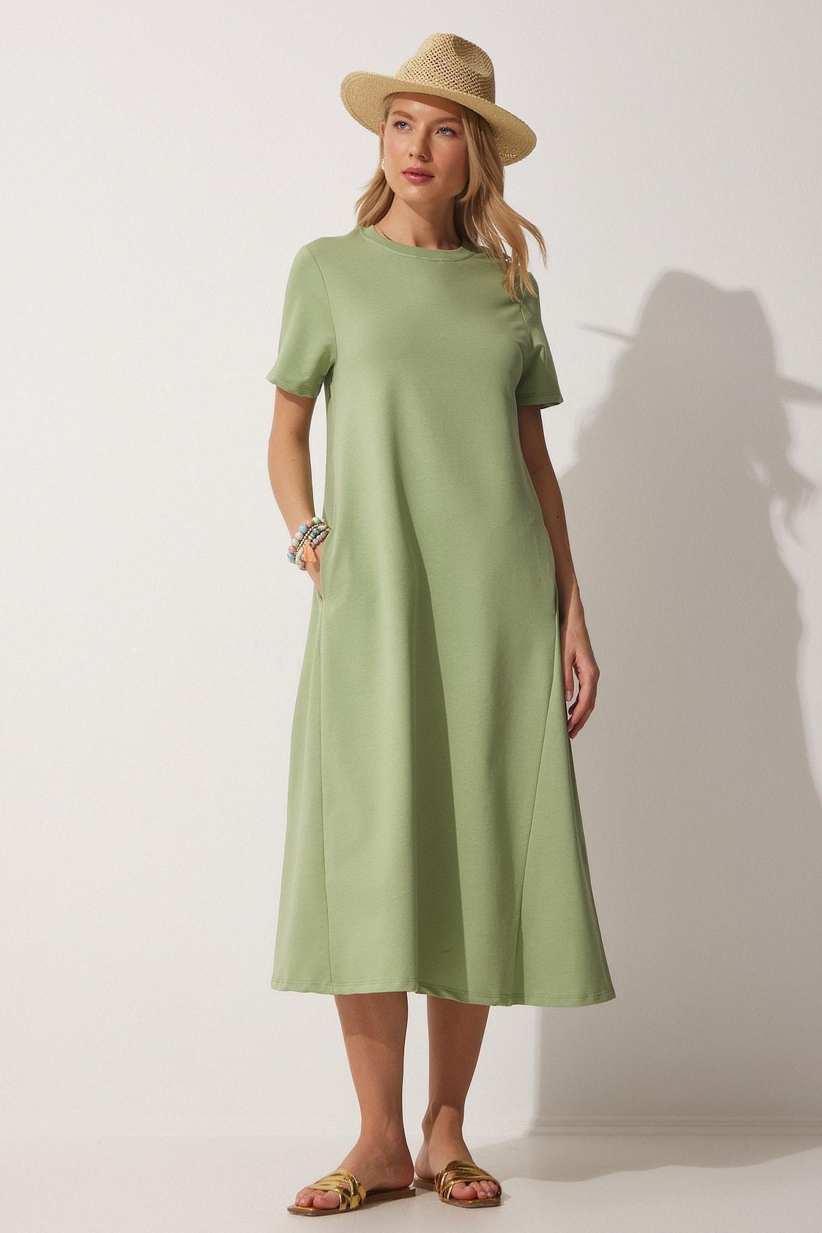 Green Crew Neck A-Line Dress, CAGLA GREEN, large image number 1