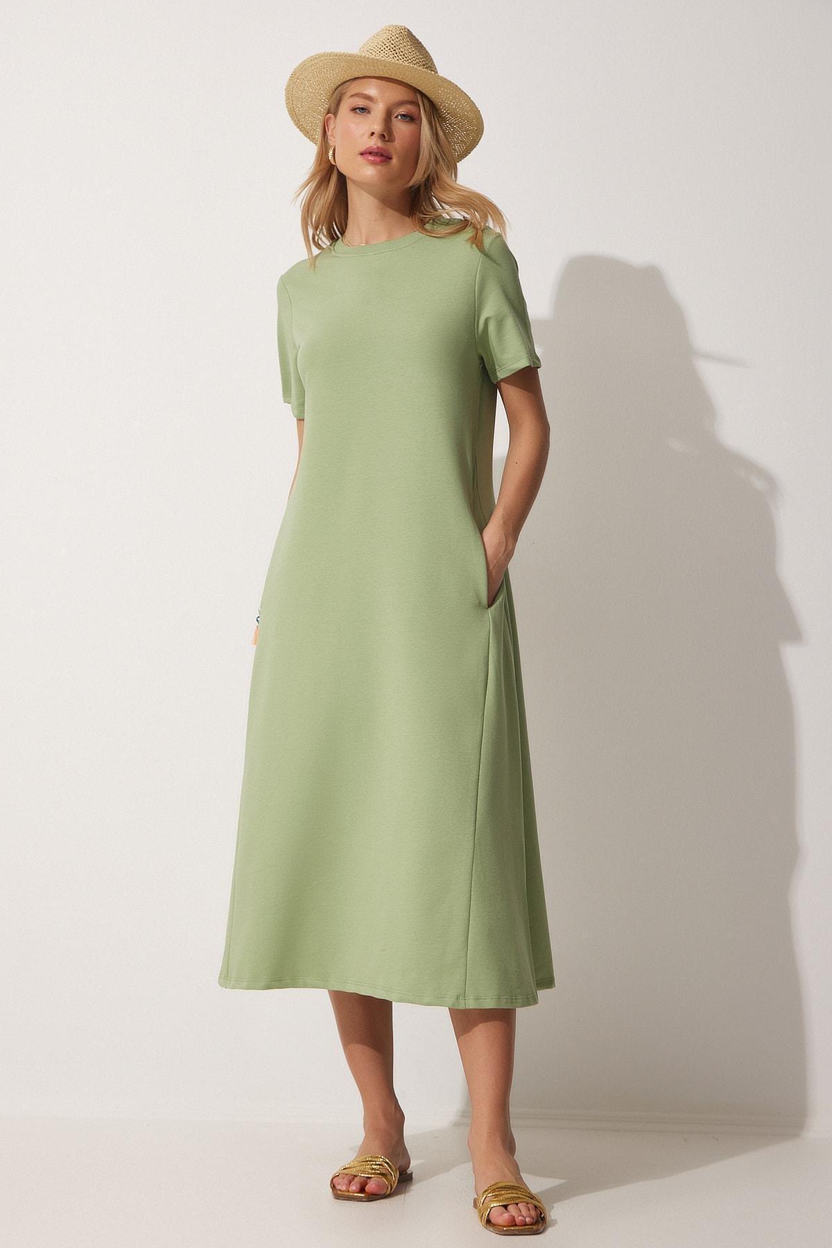 Green Crew Neck A-Line Dress, CAGLA GREEN, large image number 2