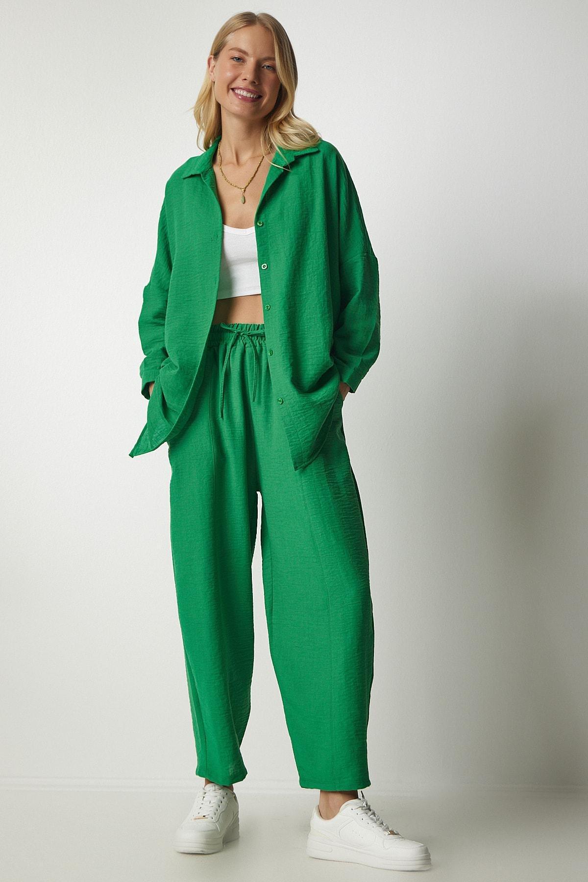 Green Linen Shirt & Shalwar Co-Ord Set, Green, medium