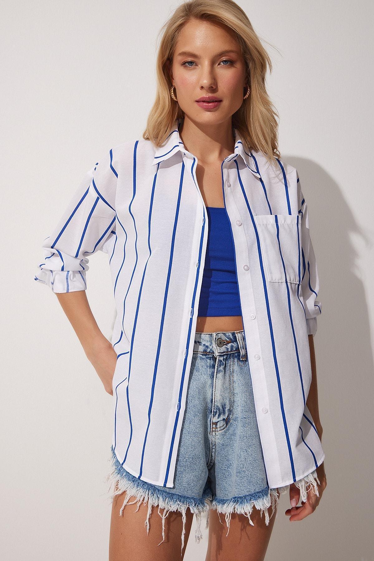 Blue Oversized Striped Shirt, , large image number 1