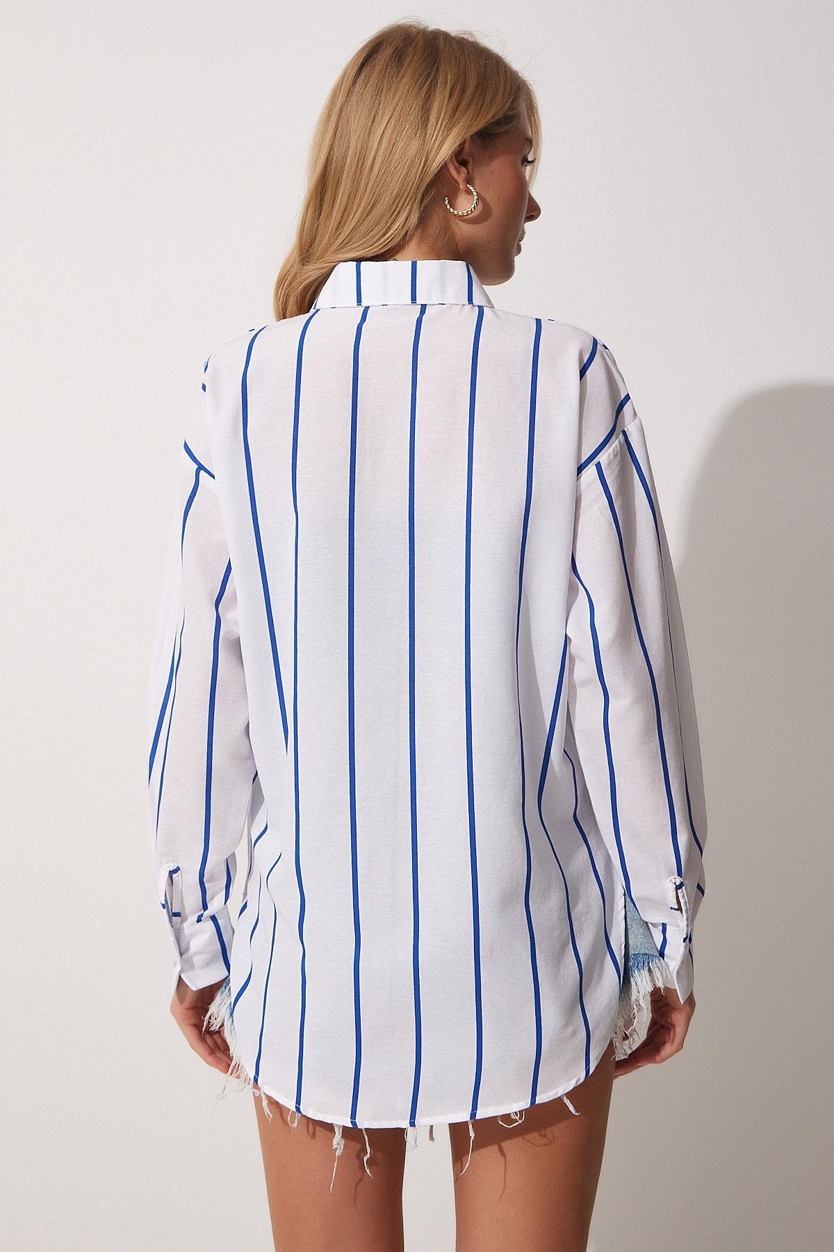 Blue Oversized Striped Shirt, , large image number 2