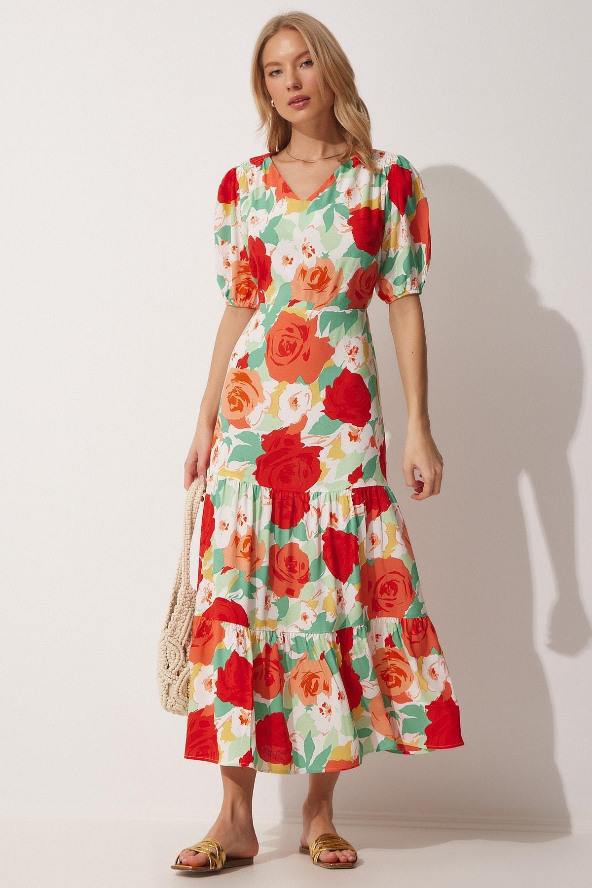 Multicolour Floral Dress, Red Green, large image number 1
