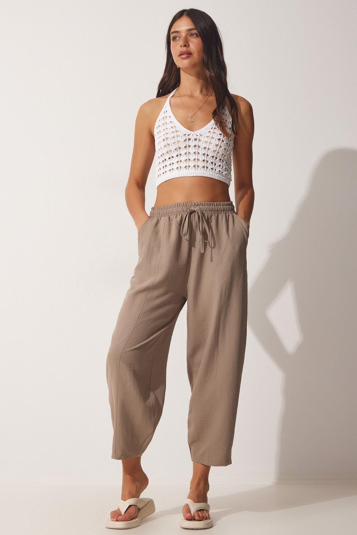 Brown Linen Baggy Pants, Mink, large image number 0