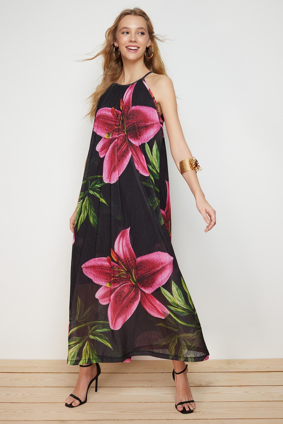 Black Halter Neck Printed Knitted Maxi Dress, , large image number 0
