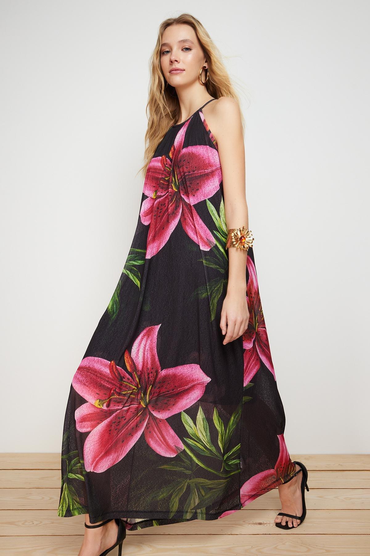 Black Halter Neck Printed Knitted Maxi Dress, , large image number 2