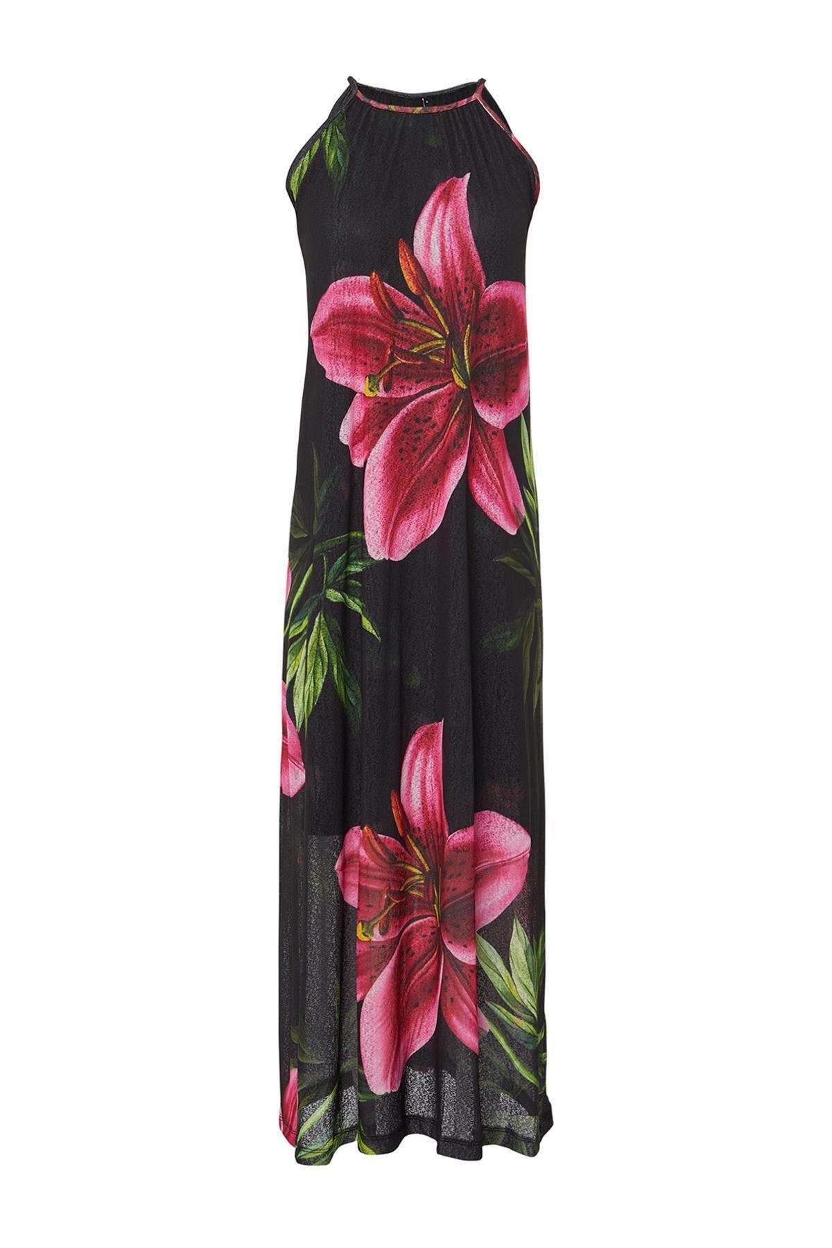 Black Halter Neck Printed Knitted Maxi Dress, , large image number 5