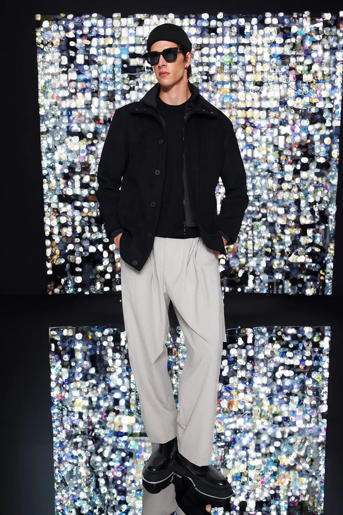 Black Collared Blended Coat, BLACK, large image number 0