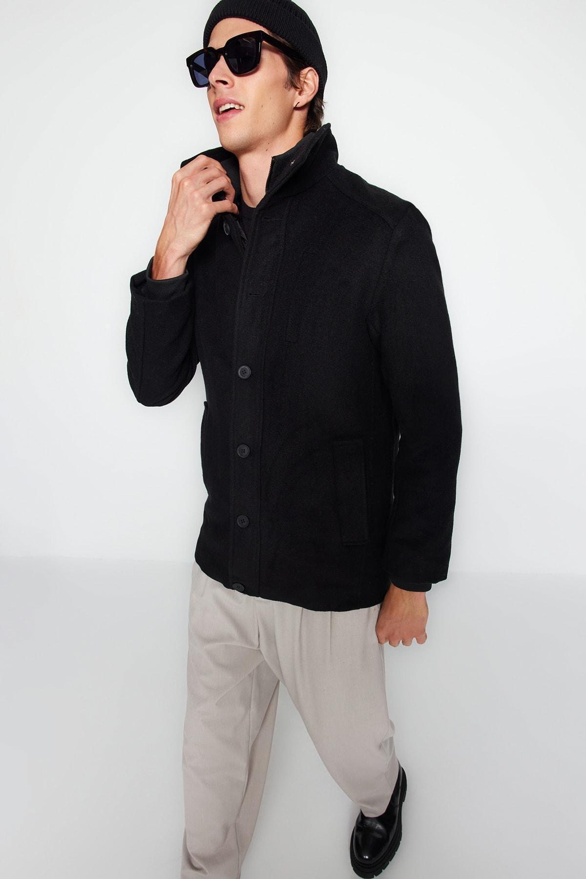 Black Collared Blended Coat<br>, , large image number 1
