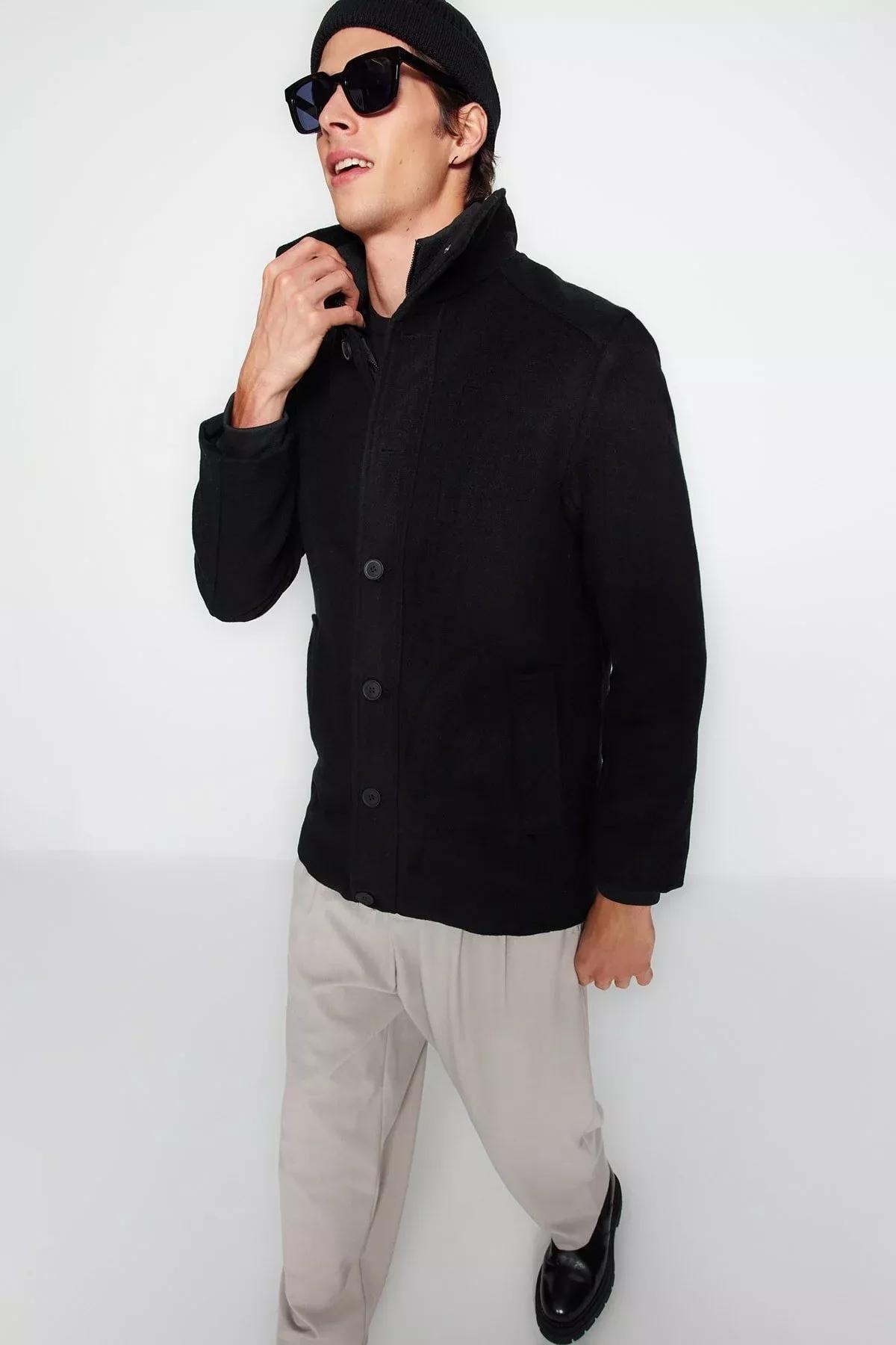 Black Collared Blended Coat, BLACK, medium