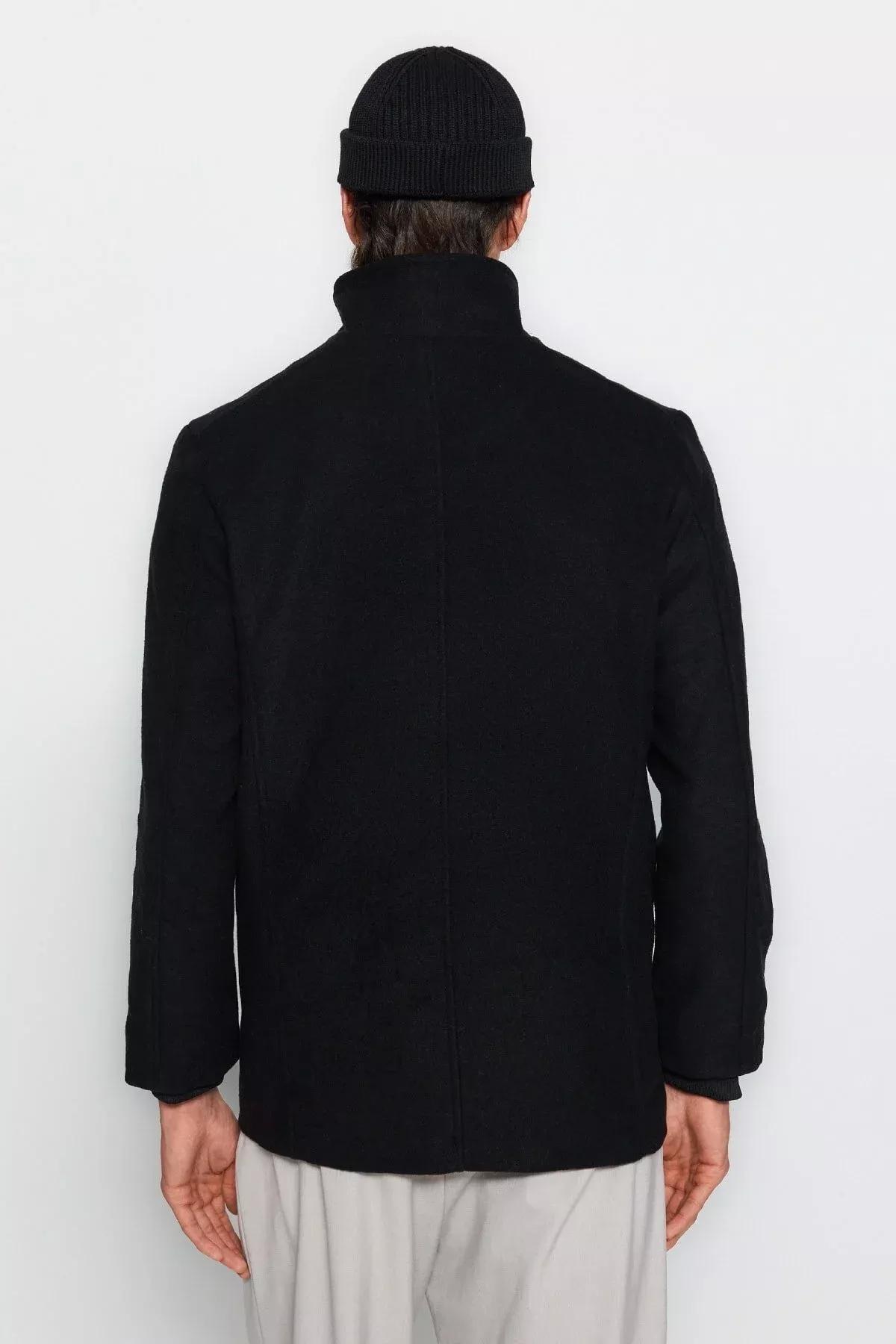 Black Collared Blended Coat, BLACK, medium