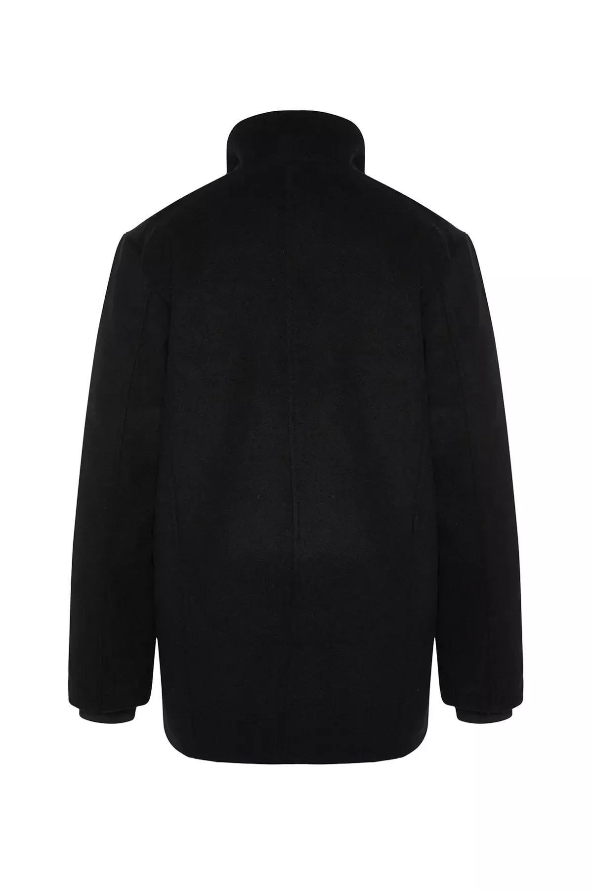 Black Collared Blended Coat, , large image number 4